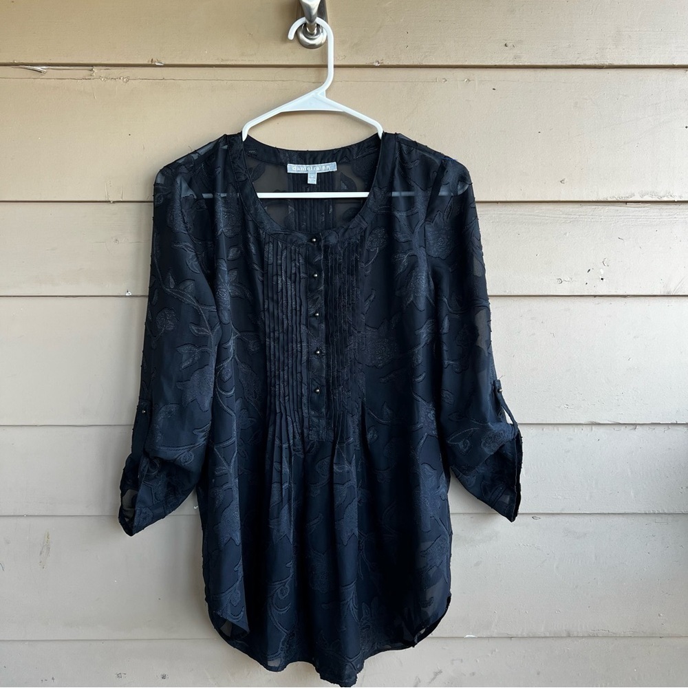 Daniel Rainn Black Floral Jacquard Pleated Blouse